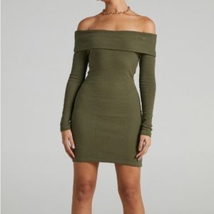 Olive green knit off shoulder bodycon mini dress showpo